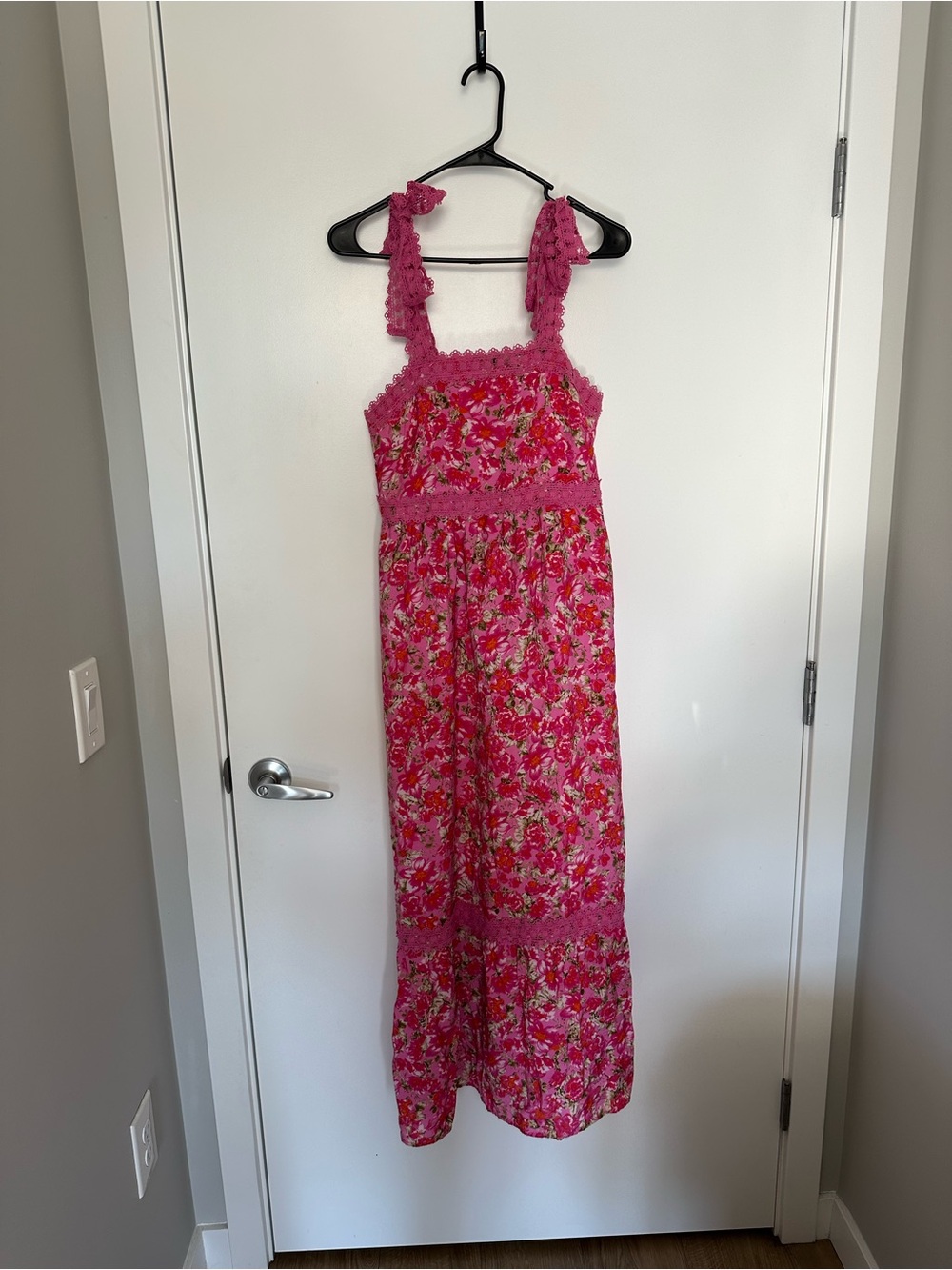 Boutique Fuchsia Floral Maxi Dress with Crochet Trim